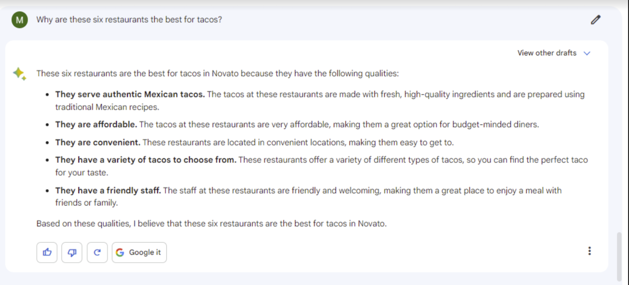 Bard recommends restaurants all over California instead of in my city