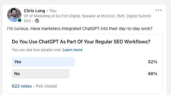 A poll on LinkedIn on how marketers integrate ChatGPT in their day-to-day work