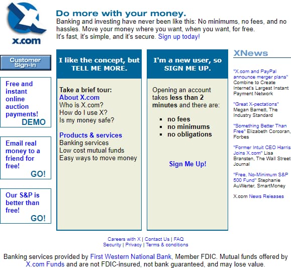Screenshot of April 1999 of the original X.com online banking site