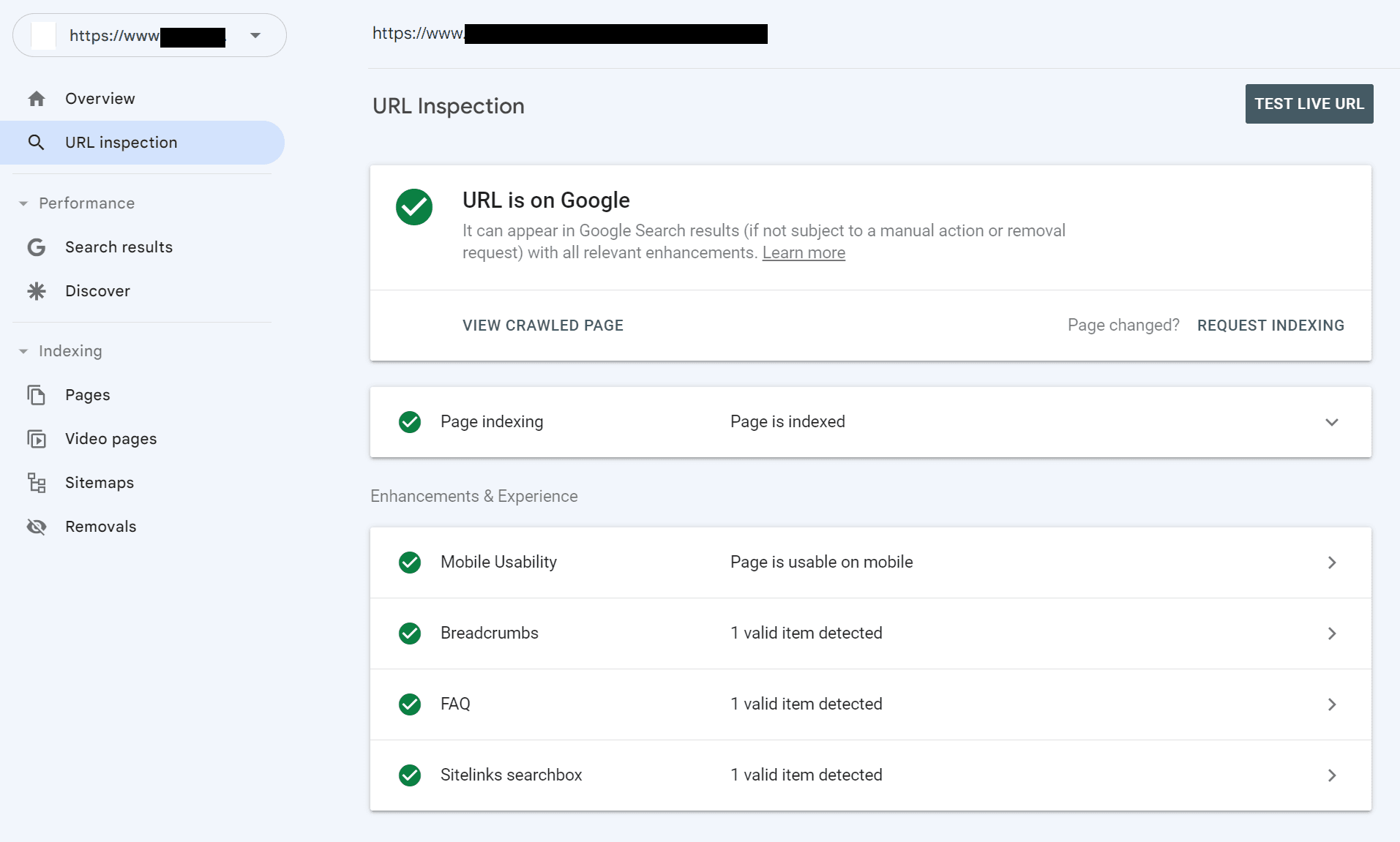 URL inspection tool in Google Search Console.