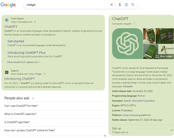 Screenshot of Google ranking for 'chatgpt', which expanded sitelinks and Brand Panel.