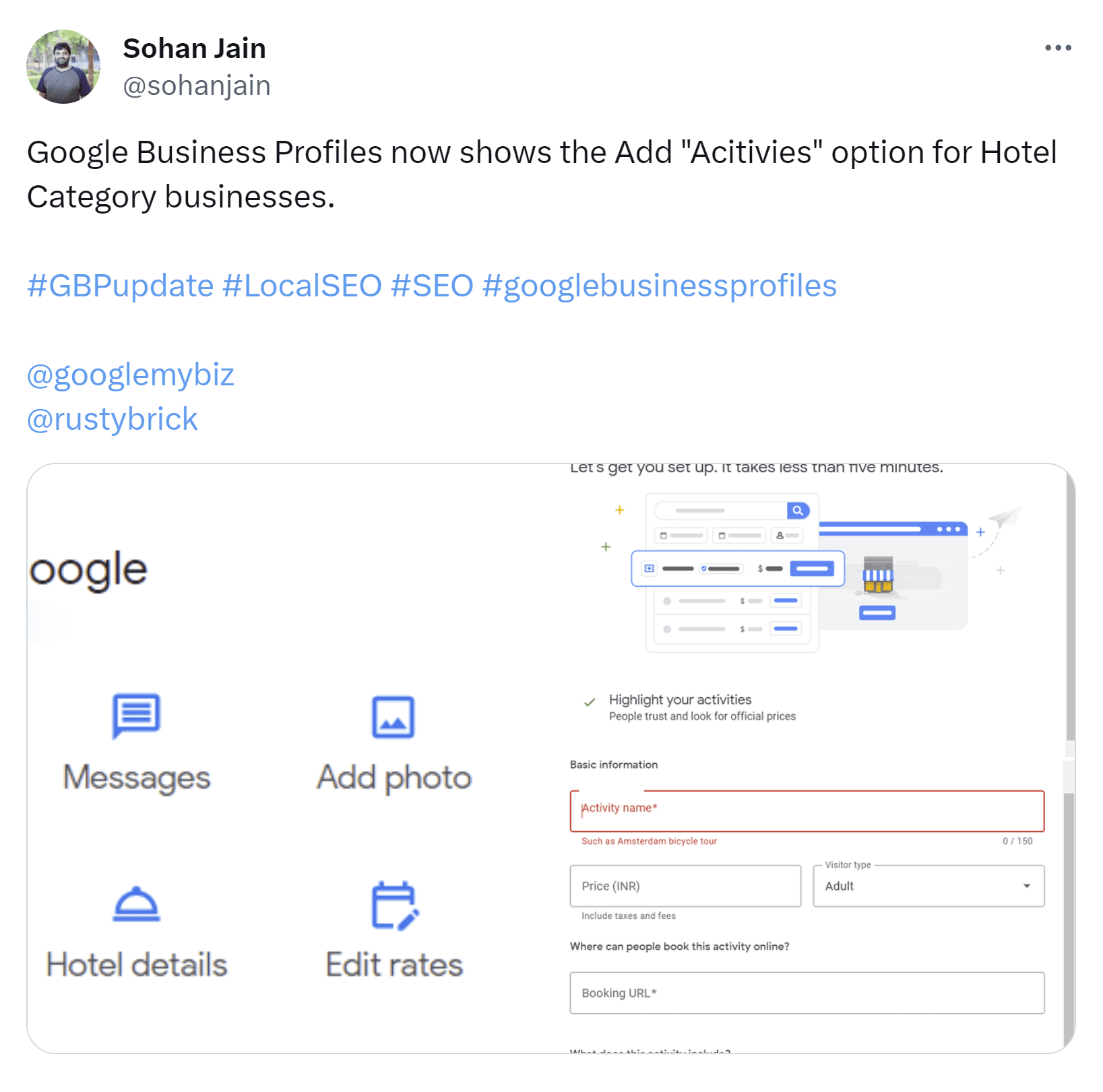 Screenshot of "add activities "option for hotels.