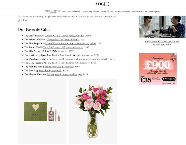 Product gift guide example from Vogue.com