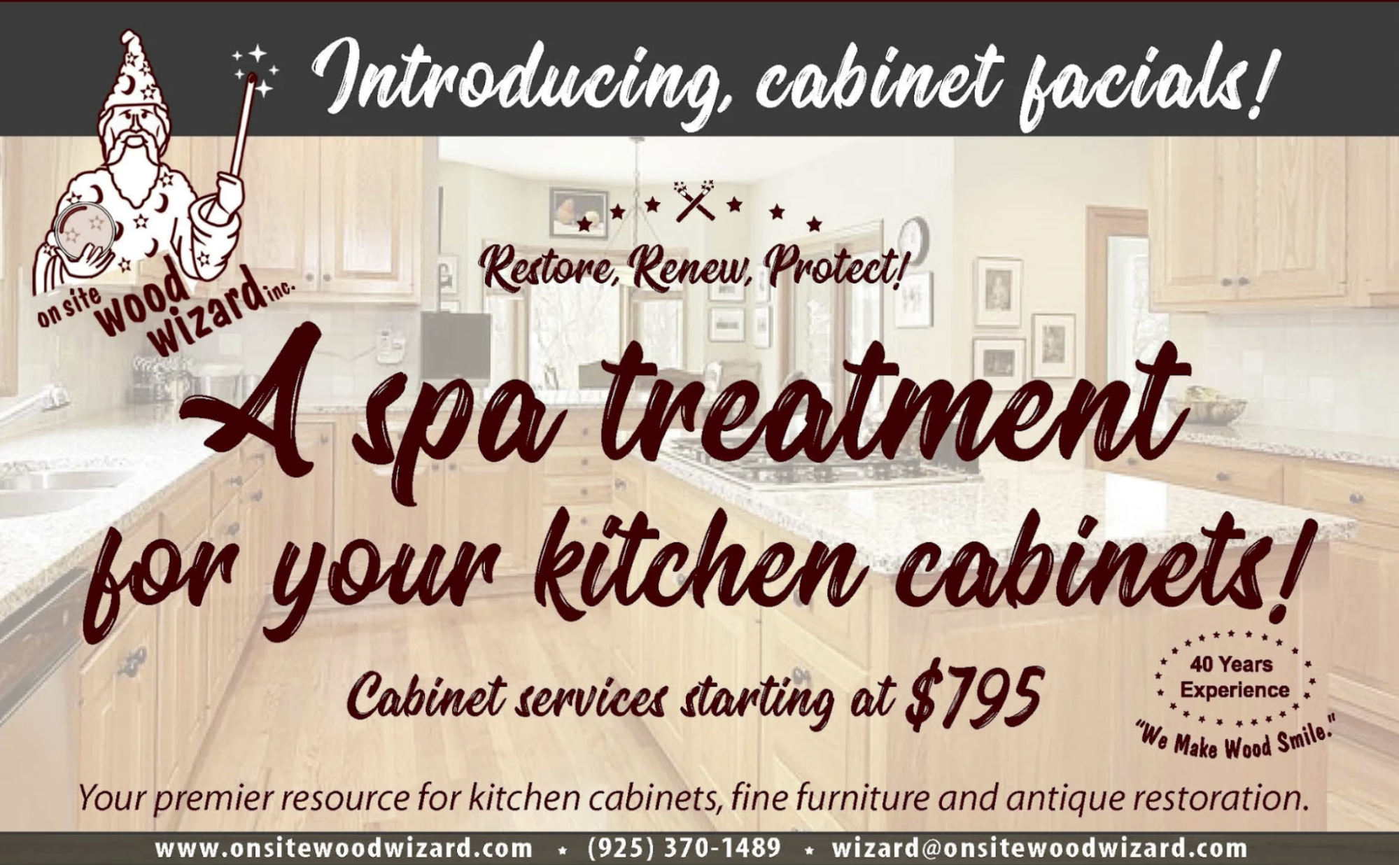 An ad introduces a new service from a cabinet restoration business, with text over a photo