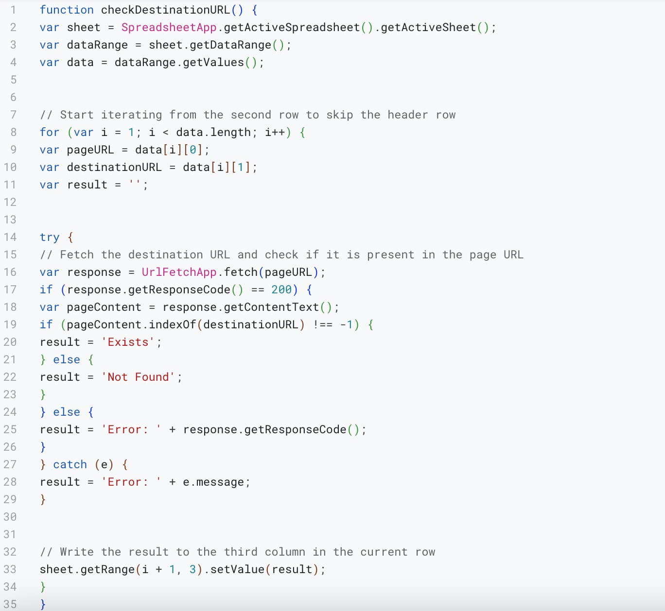 Google Apps Script that checks whether our target page URL is live on the referring page URL