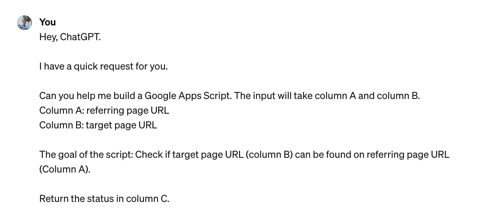 ChatGPT prompt we used for building a lost backlinks script