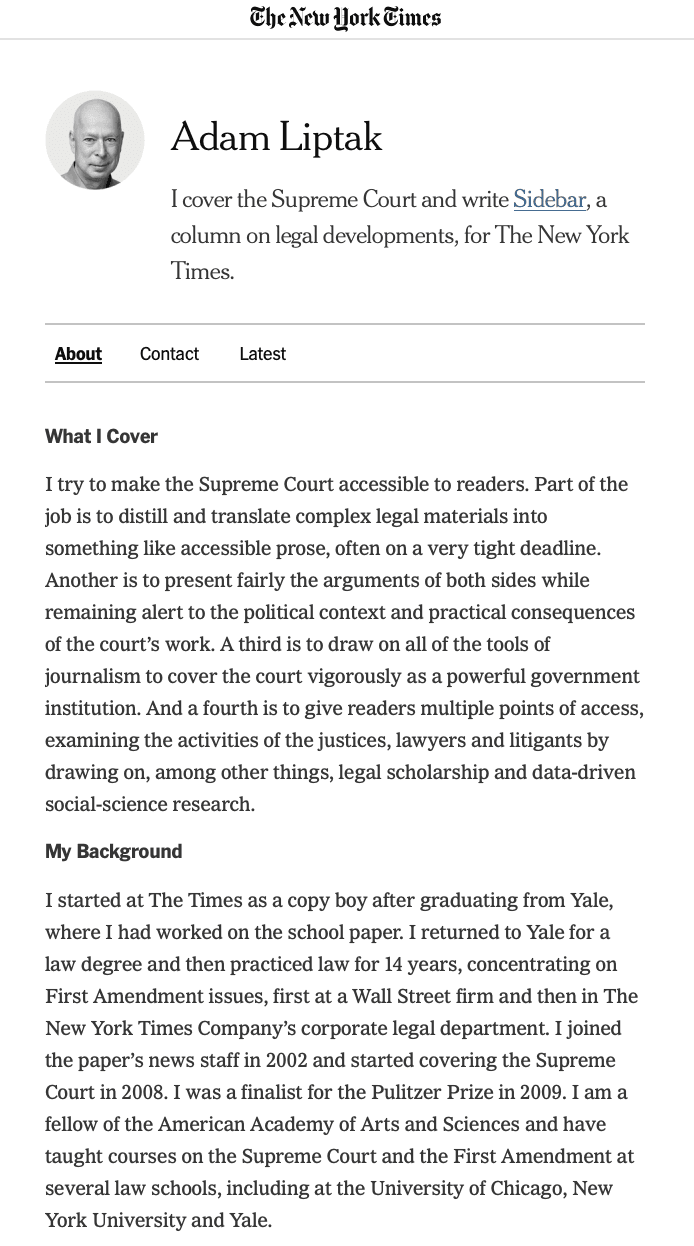 Adam Liptak's author bio for the New York Times