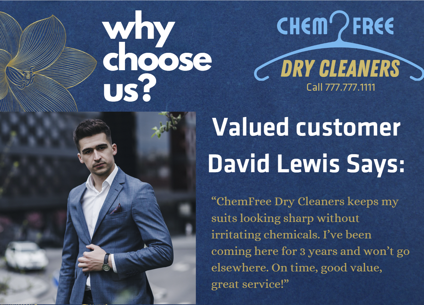 A sample image of a fictitious dry cleaner showing a customer in his cleaned suit alongside a testimonial from him.