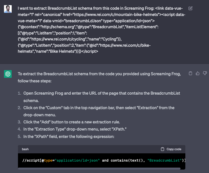 Asking ChatGPT to create a Screaming Frog extract