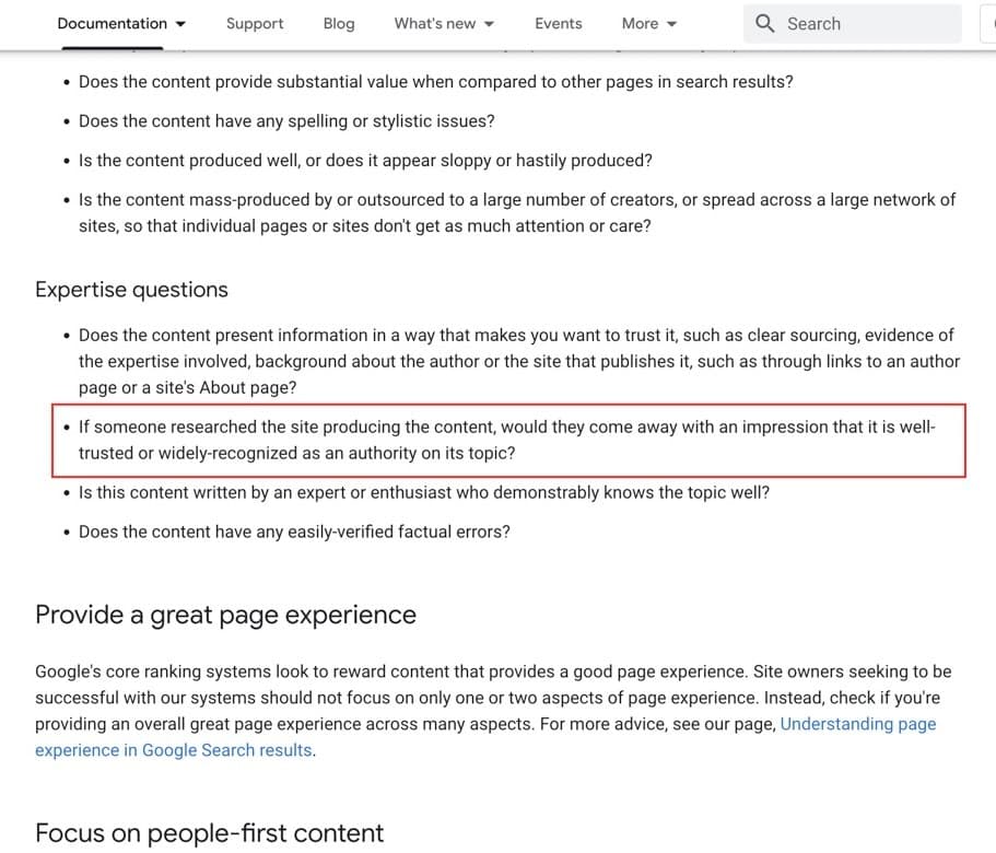 Screenshot of Google's Helpful Content Guidelines highlighting questions about expertise