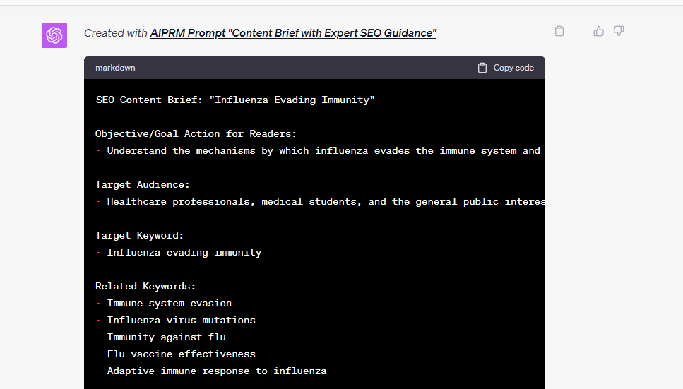 AIPRM prompt "Content brief with expert SEO Guidance"