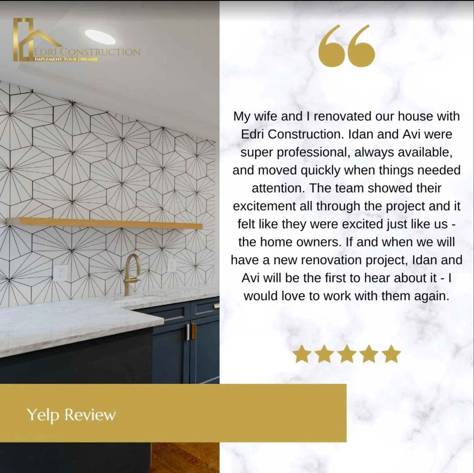 A photo of a completed kitchen remodeling job overlaid with a review from the customer praising the work