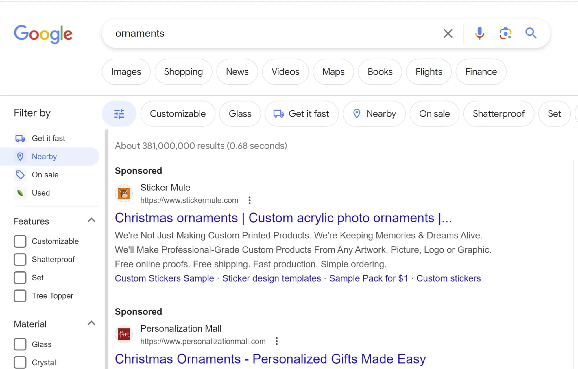 Screenshot of Google organic result with filter navigation to the left of the main entries. It includes a "nearby" filter with a maps pin on it.