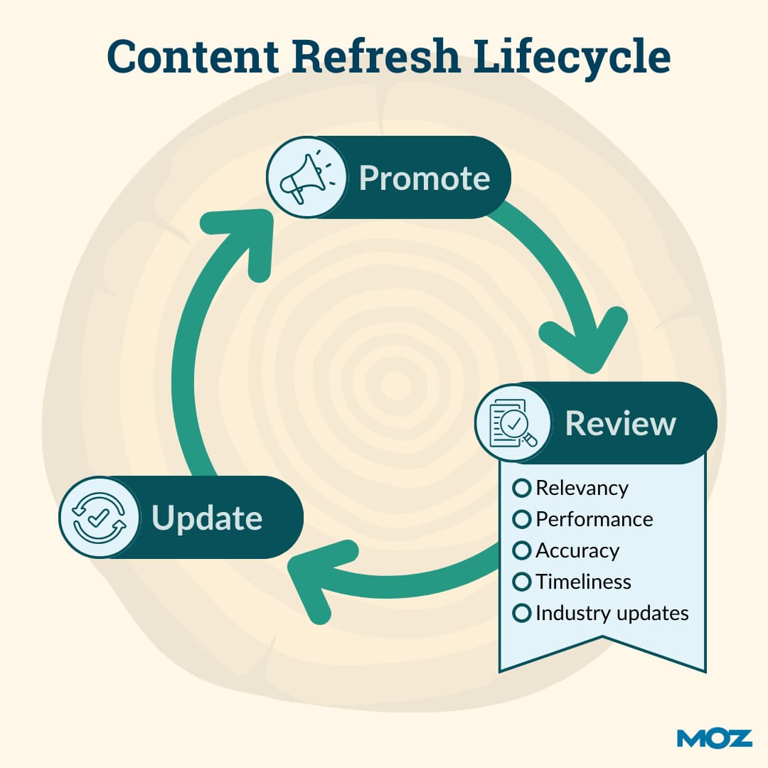 An infographic shows a cycle of reviewing, updating, and re-promoting your older content.