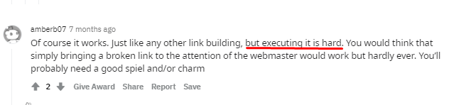 Comment on public forum saying that broken link building works, but it can be tough.