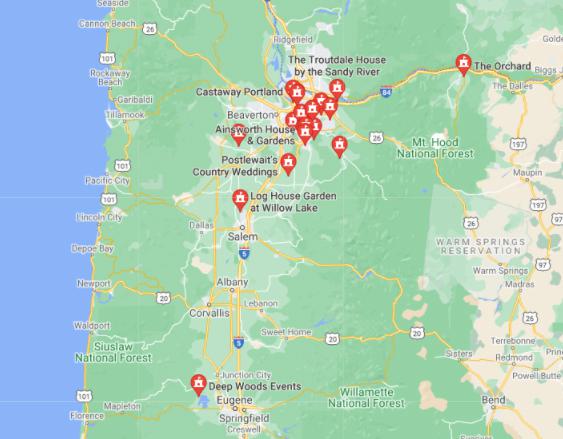 Google Maps search for 'wedding venues oregon'.