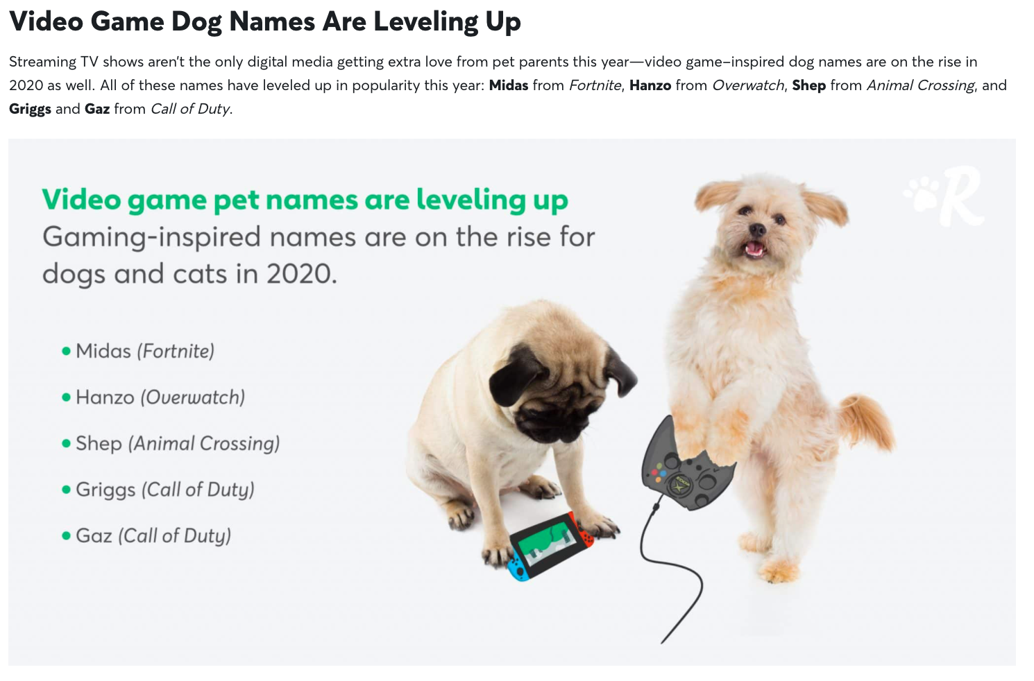 Gaming inspired names for dogs and cats.
