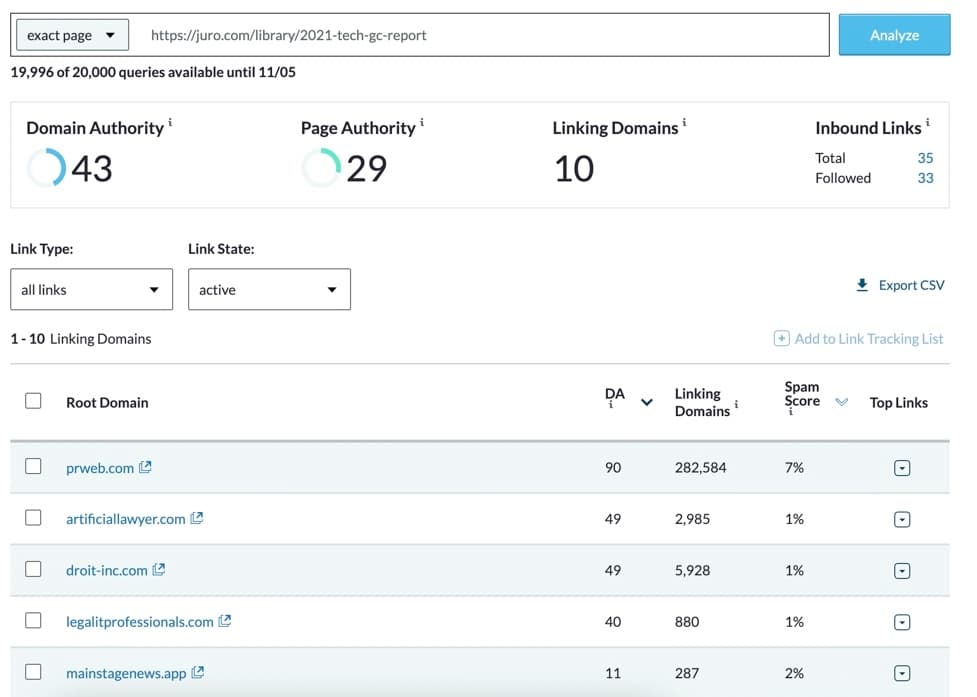 screenshot of a backlink report in Moz for a report