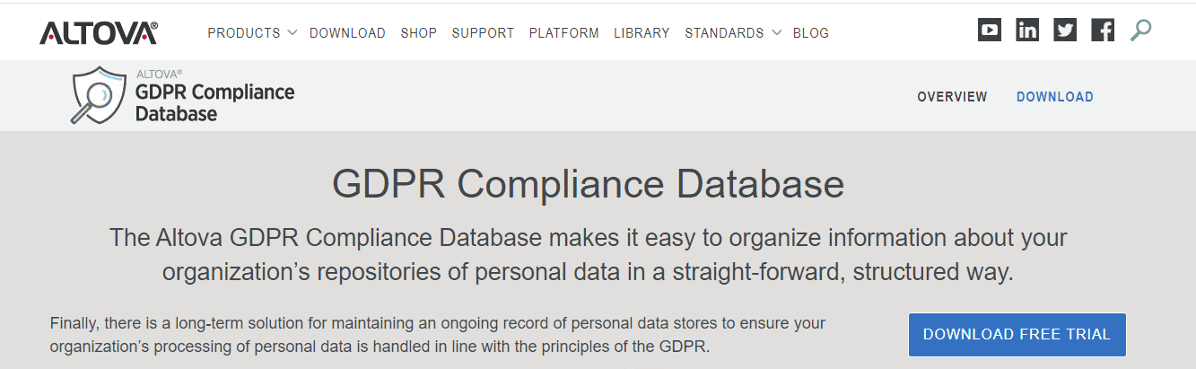 The header area of Altova's information database on GDPR