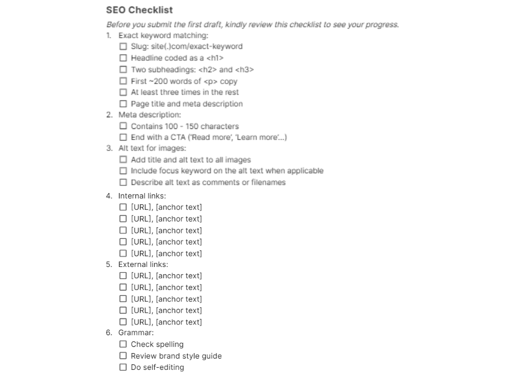 A checklist of SEO tasks for creating content briefs