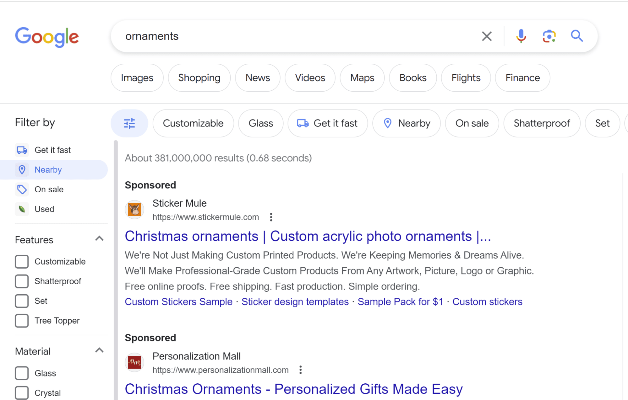 screenshot of the newly prominent left menu featuring a nearby filter in response to local intent queries