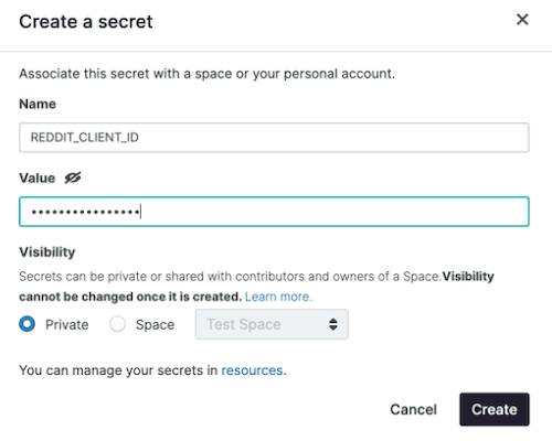 Screenshot showing the "create a secret" pop-up form on Noteable.