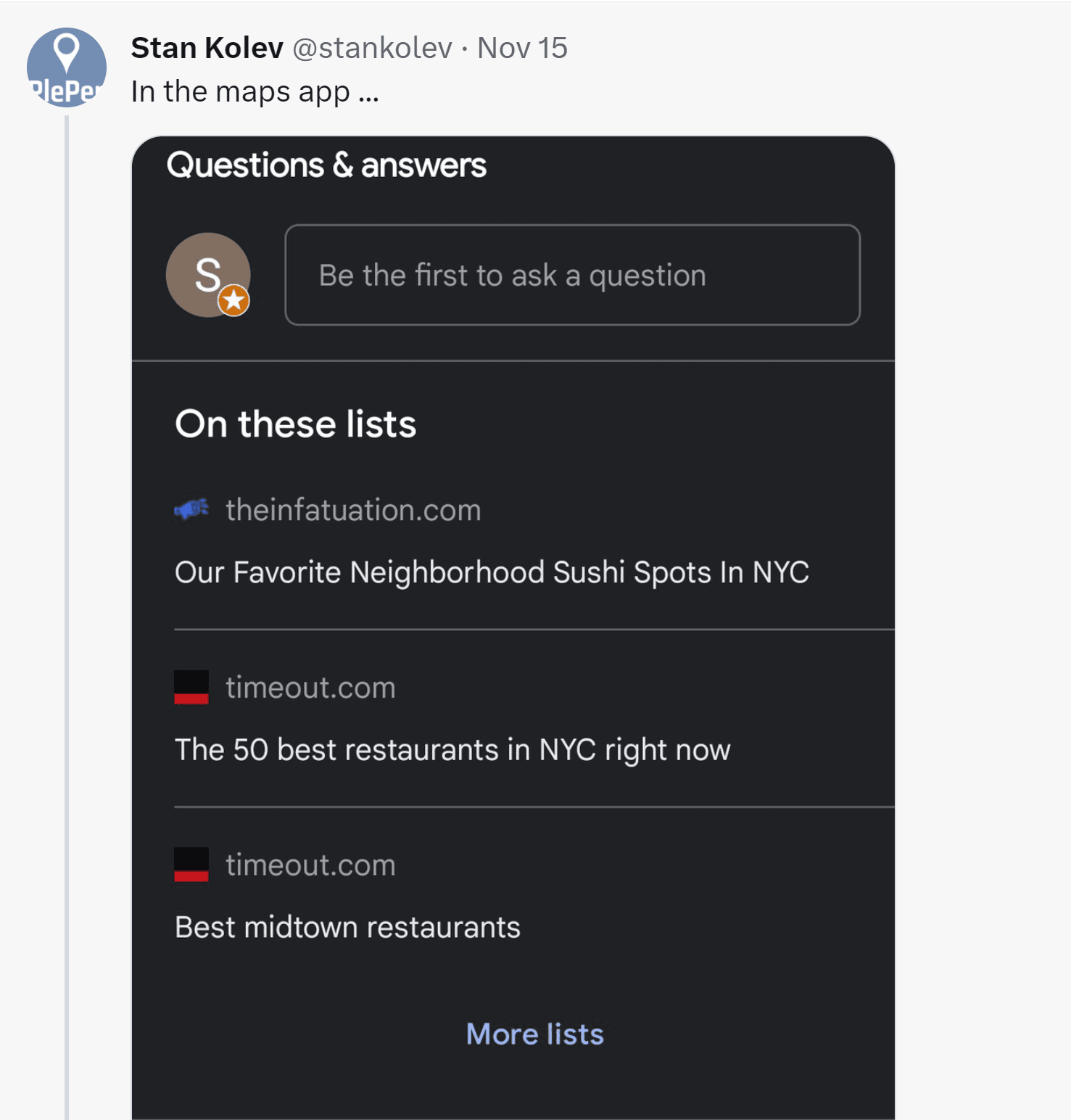 Screenshot of the Google Maps app showing multiple listicles.