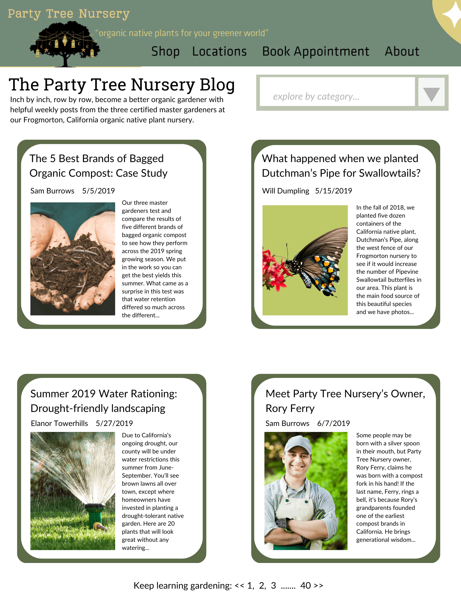 A mockup of a blog index page on a fictitious plant nursery website shows four older blog posts, described in full in the text which follows this image.