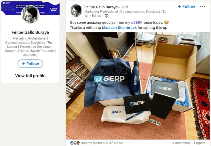 LinkedIn post by Felipe Gallo Buraye sharing a picture of branded uSERP goodies.