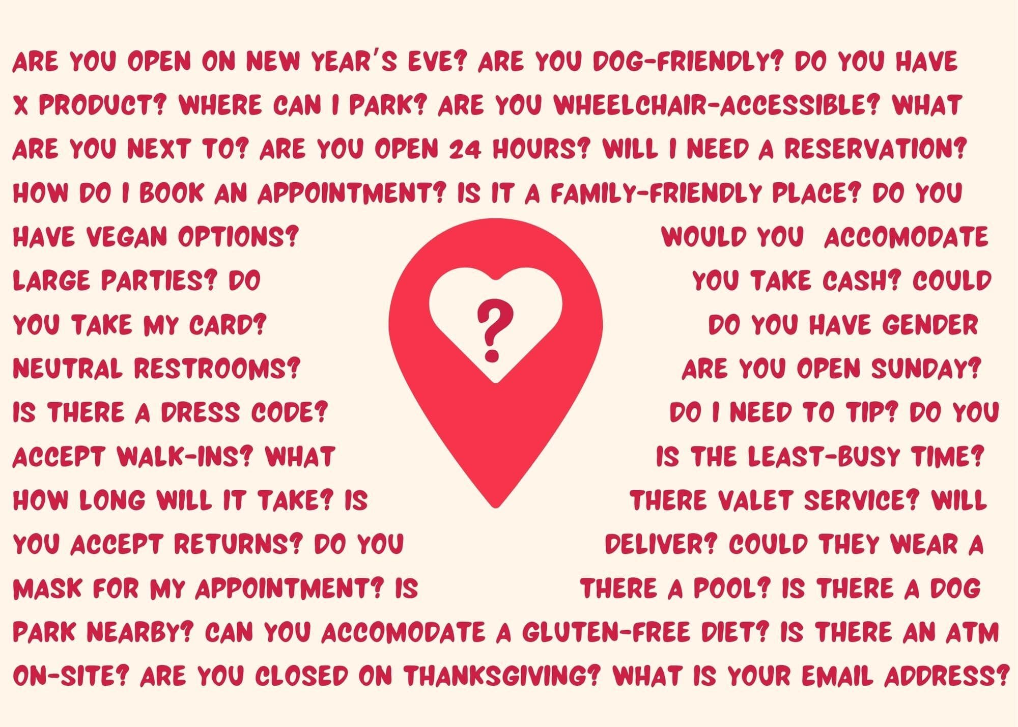 A graphic shows dozens of common FAQs like, are you open on new year's eve, are you dog friendly, where can I park, etc.