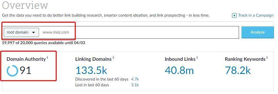 The Domain Authority of outdoorsrank.com displayed in Moz Pro