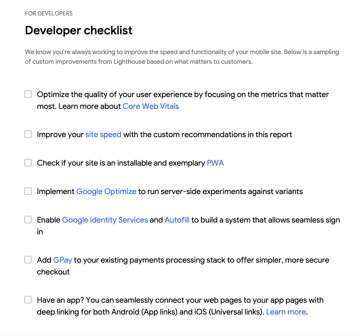 Developer checklist in Test My Site