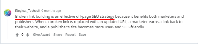 Comment advocating for broken link building on public forum