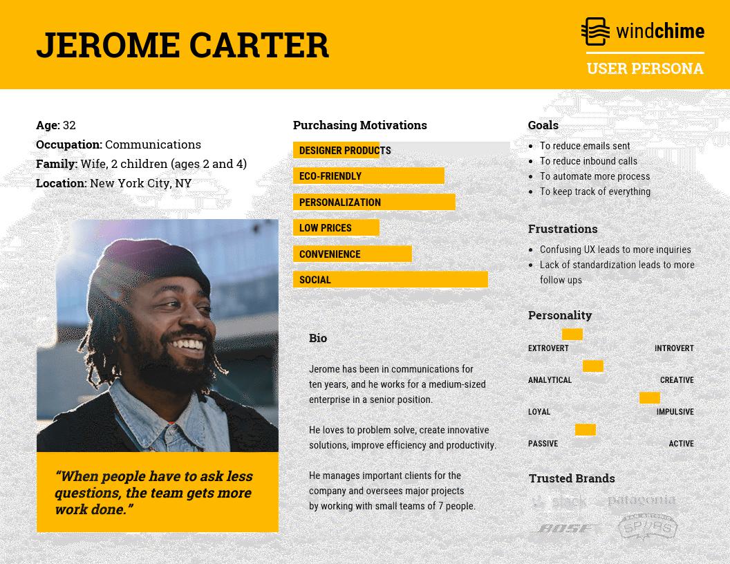 Customer persona profile of Jerome Carter, age 32.