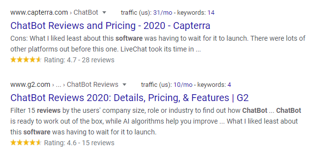ChatBot review results in Google