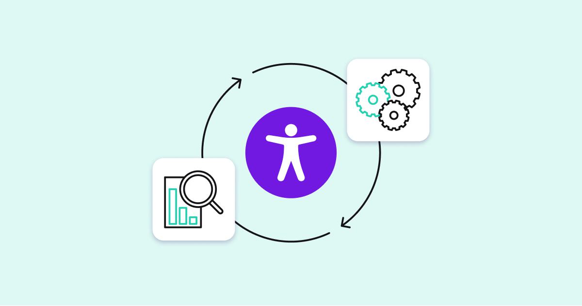 Graphic of the outline of a person in a purple circle, surrounded by two arrows pointing in a continues circle. On the right side of the circle is an image of gears, and on the left side is an image of a magnifying glass hovering over a bar graph.