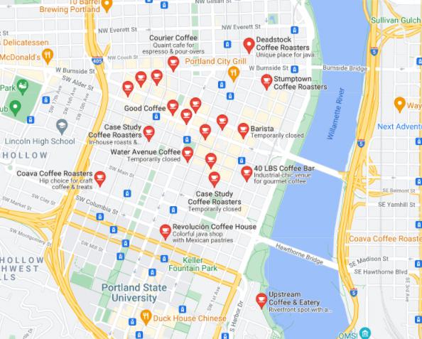 Google Maps search for 'coffee downtown portland'.
