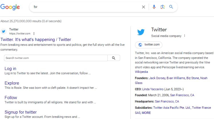 Google result for just the letters “tw”