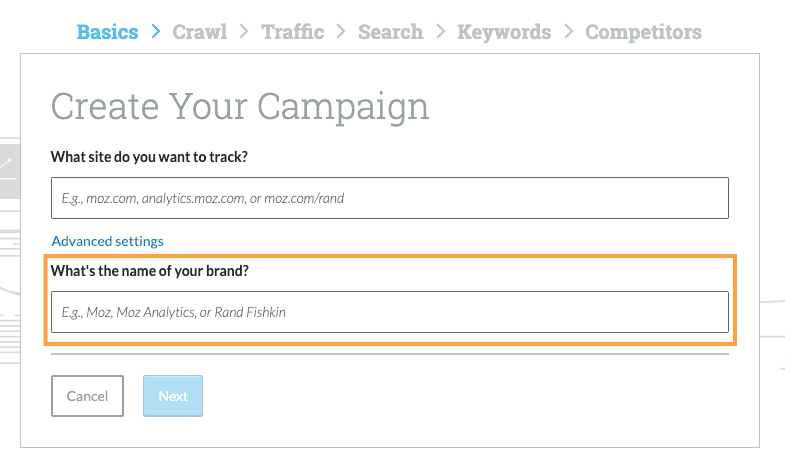 Screenshot of the Campaign creation workflow showing where to enter your brand name.