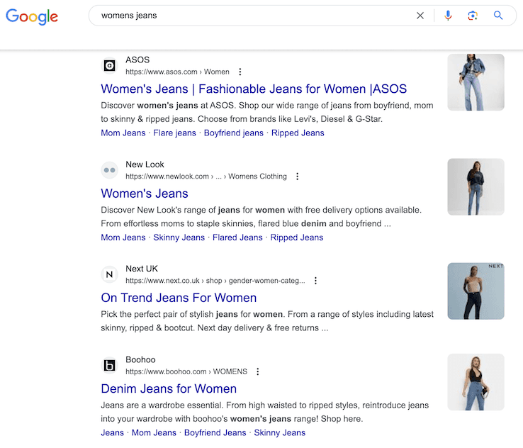 Screenshot of the top four search results in Google for womens jeans.