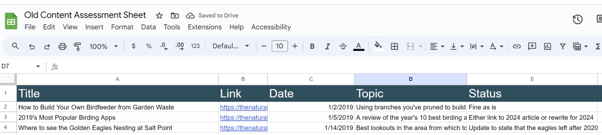 Screenshot of a spreadsheet with columns for the title, link, date, topic and status of each piece of content you're assessing.