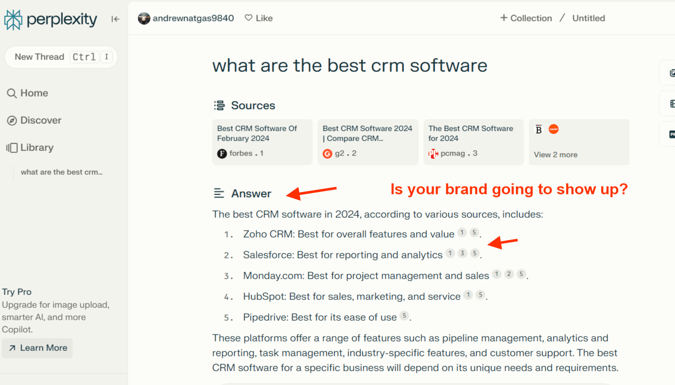 perplexity AI crm search example