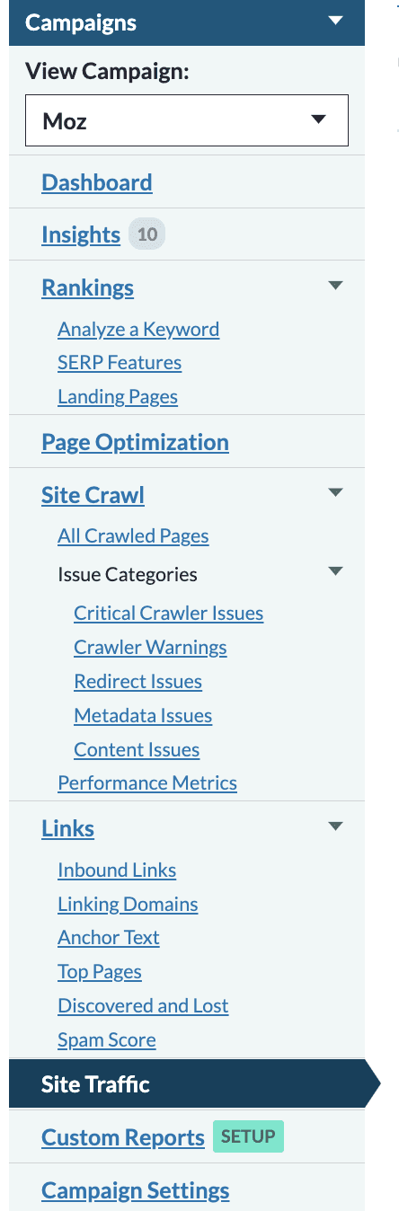 Image showing 'Site Traffic' tab in Moz Pro