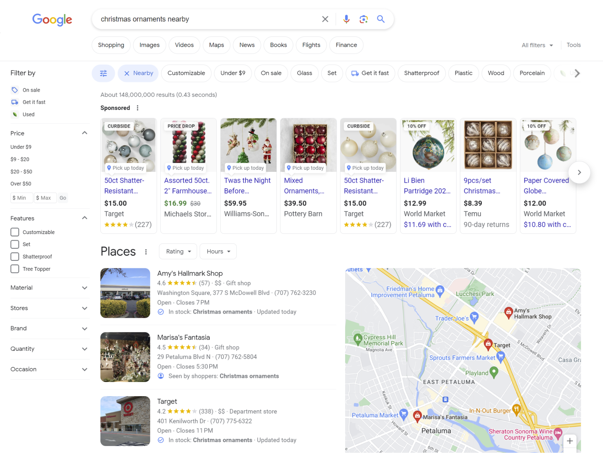 screenshot of nearby filter modifying search language and bringing up a local pack