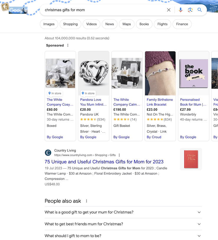 Gift guide ranking first for query ‘Christmas gifts for mom’