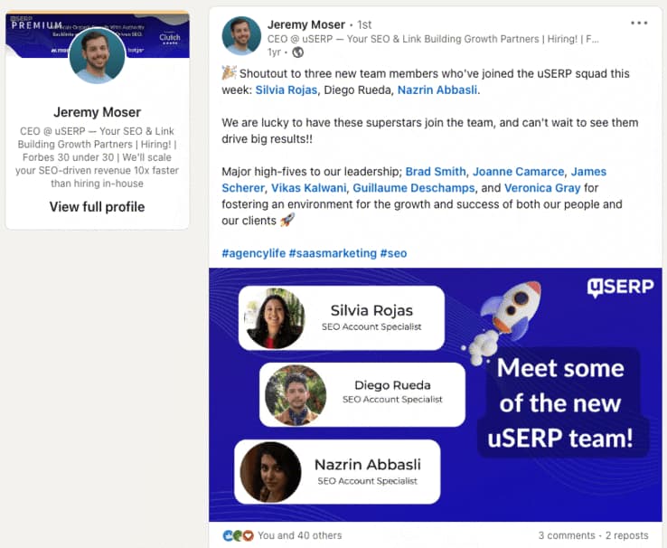 LinkedIn post by Jeremy Moser about hiring new talent at uSERP and thanking leadership.