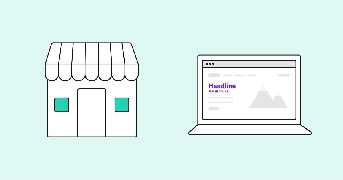 A graphic with the outline of a brick-and-mortar business on the left and a computer screen on the right.
