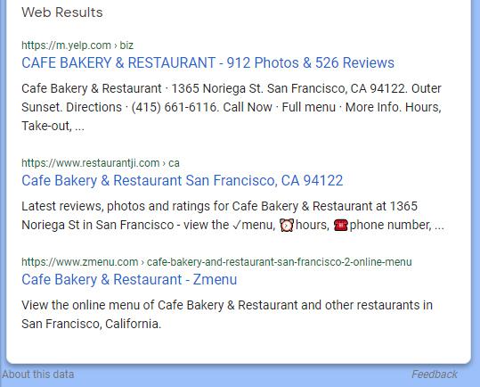 Web results for search for cafe bakery and restaurant.