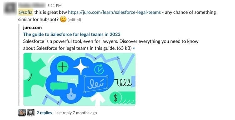 Screenshot of message in Slack where member of the sales team is requesting a piece of content.