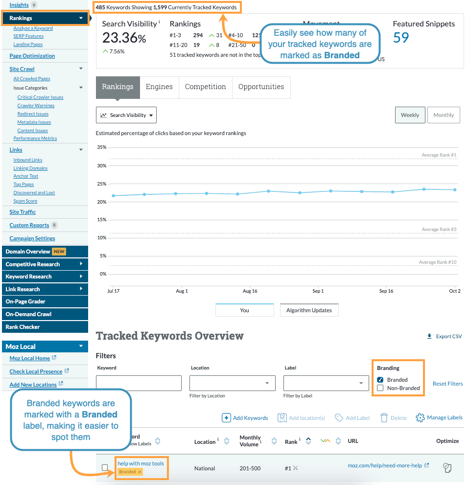 Screenshot of rankings in Moz Pro filtered to see Branded keywords.